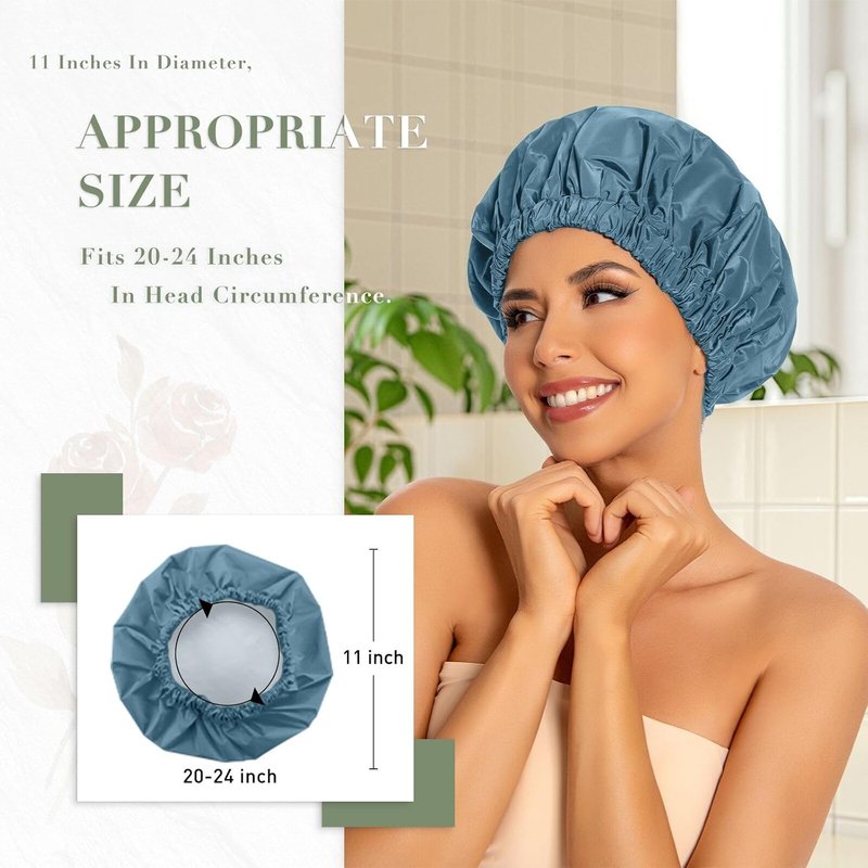 Reusable Shower Cap for Women - Large Waterproof Hair Bonnet with Elastic Band | Ideal for Long, Curly Hair - Haze Blue