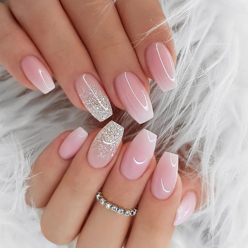 6 Packs (144 Pcs) Press on Nails Medium - Jsiallye Pink Gradient Press on Nails Square Coffin, Glue on with Nail in 12 Sizes - 24 Fake Nails Kit, French Tip Stick on Nails for Women