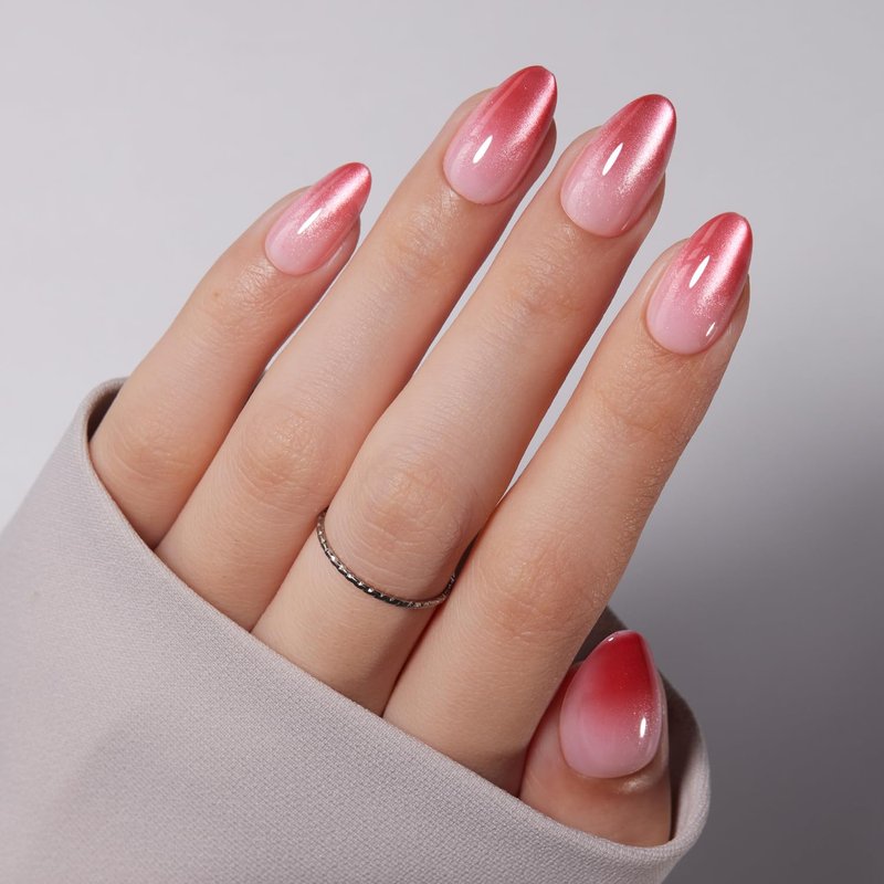 Press On Nails Short Almond | Pink Cat Eye Ombre Fake Nails Kit - 32 Pcs, UV Curable & Reusable
