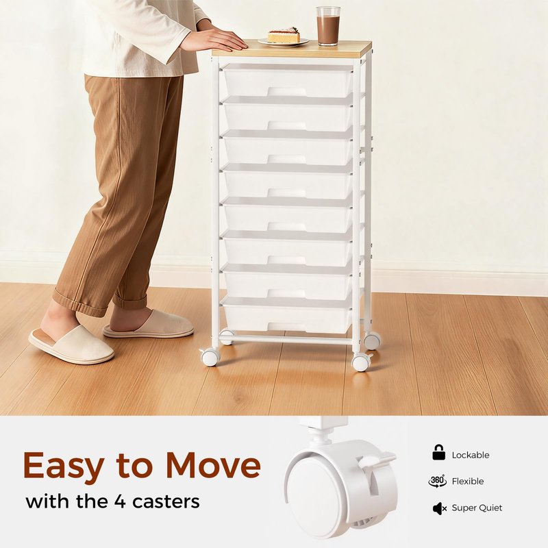Rolling Cart with 8 Drawers, Plastic Drawer Storage Carts with Wheels & Wooden Tabletop, Metal Utility Cart Organizer for Bedroom Living Room Office Classroom Craft Organization and Storage, White