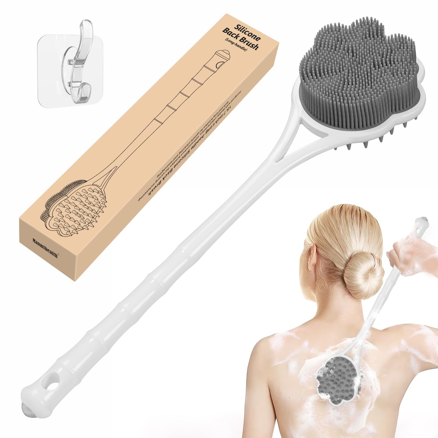 Manmihealth 15.7" Cute Silicone Back Scrubber with Long-Handle, Dual Use Back Brush for Shower with Super-Soft Silicone Bristles, Paw-Shaped Shower Body Scrubber for Sensitive Skin (Gray)