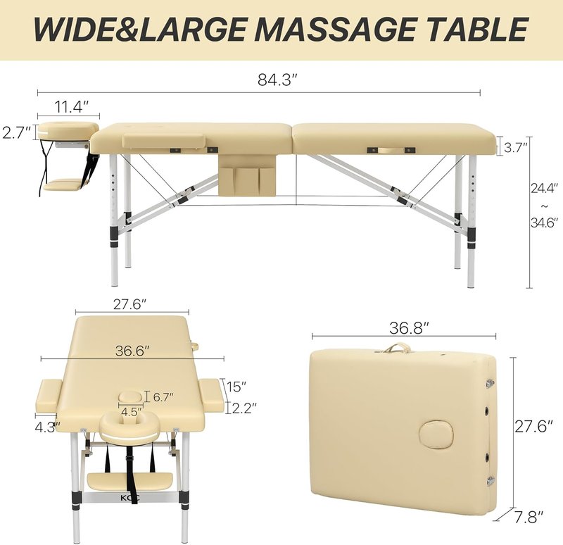 KCC Memory Foam Portable Massage Table - Foldable Height Adjustable Lash Bed | 28" Wide, Lightweight Aluminum, Beige