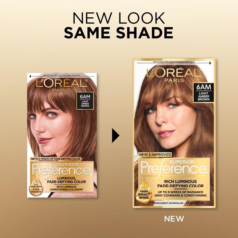 L'Oreal Paris Superior Preference Luminous Fade-Defying Permanent Hair Color, Hair Dye For Up to 9 Weeks of Radiance, Light Amber Brown 6AM, 1 Hair Dye Kit