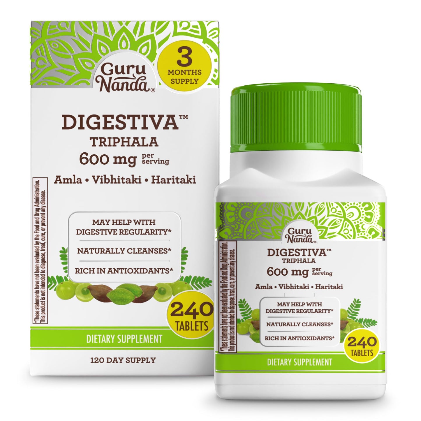 GuruNanda Digestiva Triphala - Dietary Supplement with Amla, Haritaki & Bibhitaki to Promote Nutrient Absorption, Support Digestion & Help with Bloating - 240 Vegan Tablets