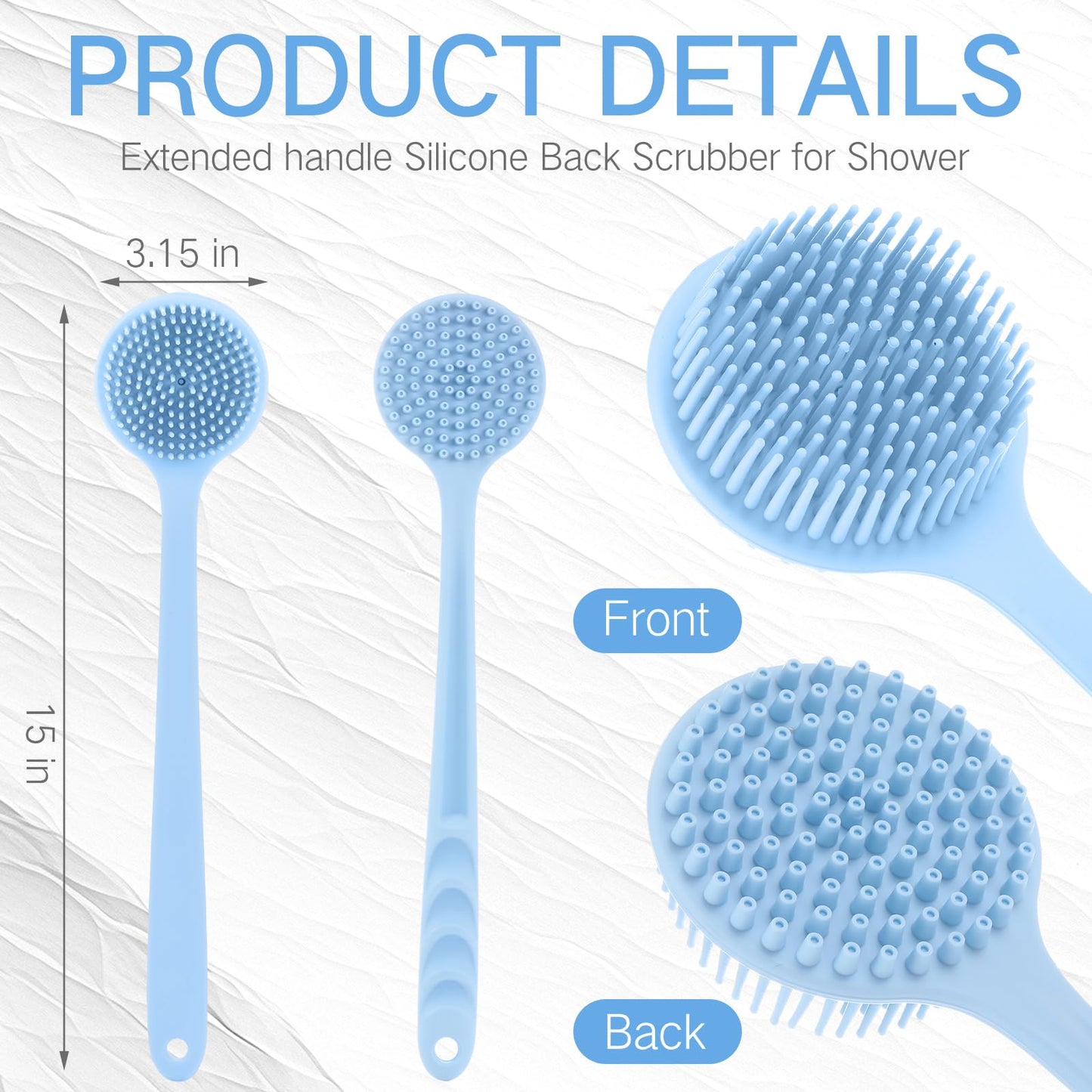 Sunnyray 2 Pack Silicone Back Scrubber for Shower with 15" Long Handle Double-Sided Bath Body Brush for Exfoliating Easy to Clean Quick Dry Deep Cleaning Lathers Well(Nordic Blue)