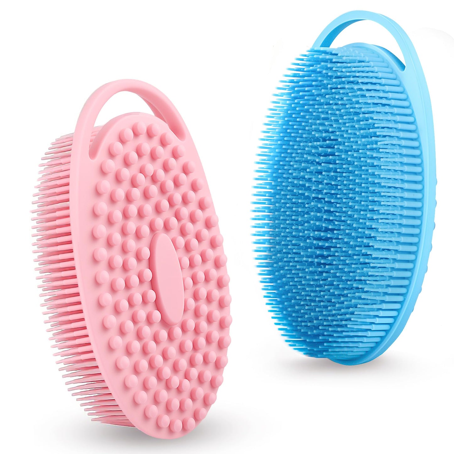 Soft Silicone Body Scrubber Loofah - 2 Pack Rubber Loofah 2 in 1 Bath and Shampoo Brush, Silicone Body Shower Brush Scrubber Cleaning Exfoliating Use for Sensitive Skin, Lather Well, Pink and Blue