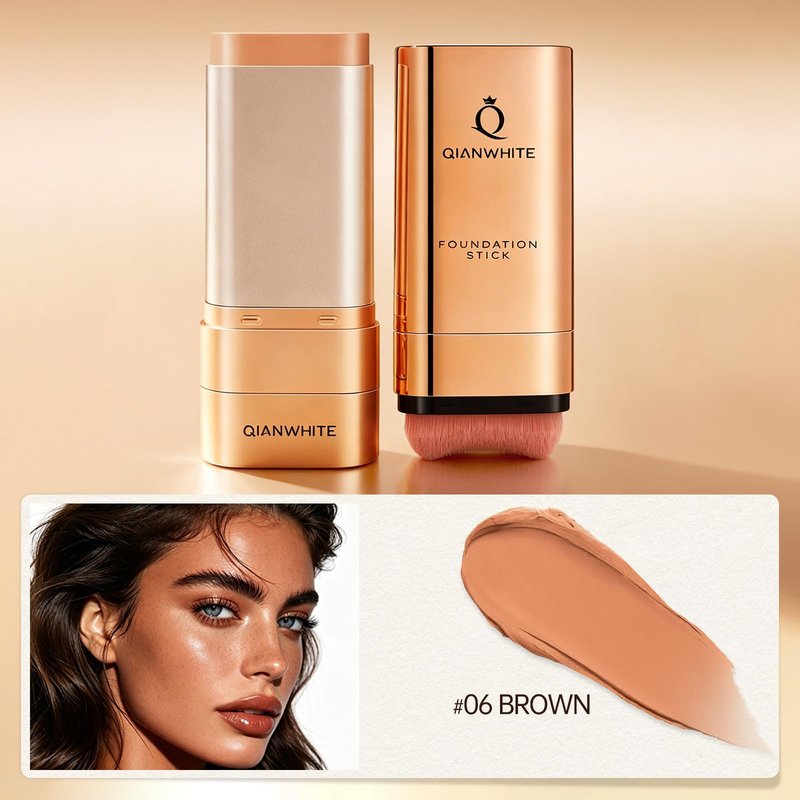 QIANWHITE Korean Foundation Stick Foundation for Mature Skin Tint, Buildable Light to Medium Coverage Foundation Makeup Concealer, Dual-Ended with Brush for All Skin -Natural Dewy Finish (BROWN)