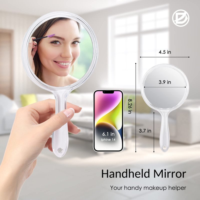 D Handheld Mirror with Handle 3.9" W x 8.3" L Hand Mirror Small Doule Sided Magnifying Mirror 1X 2X, Handle Makeup Mirror, Acrylic Handheld Mirror Rounded Shape, Transparent 1 PCS