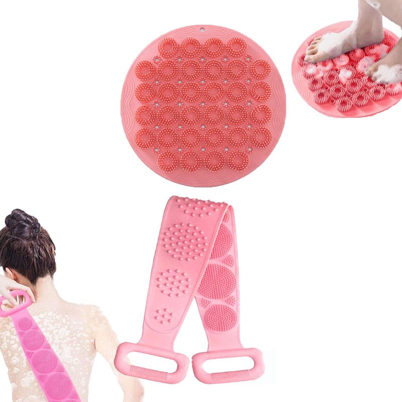 Foot Scrubber&Back Scrubber for Shower Set.Detachable Exfoliating Back Scrubber with Handle+Suction Cup Anti-Slip Foot Scrub Mat Wall Mount for Hygienic Storage&Deep-Cleaning for Men&Women(Pink)