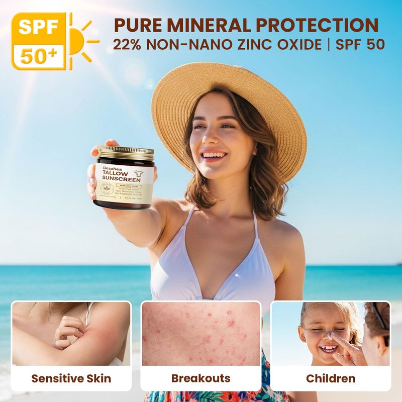 Derphea Natural Beef Tallow Sunscreen – SPF 50 Daily Sun Care for Extremely Sensitive, Acne-Prone & Kid-Safe Skin – Non-Toxic Sunblock with 22% Non-Nano Zinc Oxide, Clean Formula for Face & Body
