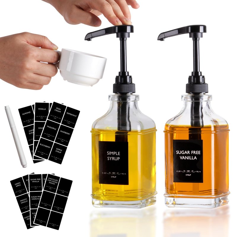 Alotpower 2-Pack 16oz Glass Coffee Syrup Dispenser Bottles, Empty Square Dispenser for Coffee Bar with 1/4oz Pump - Kit Includes 36 Labels & Marker
