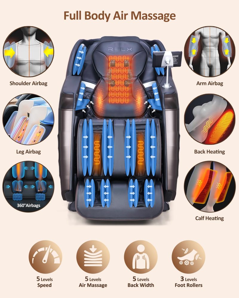 RELX 2026 Massage Chair Full Body, 20 Modes Zero Gravity SL-Track Shiatsu Massage Chair Built-in Heat System, Airbag Massage with Body Scan, Deep Yoga Stretch, Calfrest Extension and AI Control(Brown)