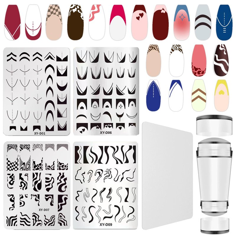 French Line Nail Stamper Plates Kit, 4Pcs Nail Stamping Plates + Dual-end Silicone Nail Stamper Tool Set, French Tip Geometric Wave Strips Snake Art Printing Template Home Salon DIY Design Manicure