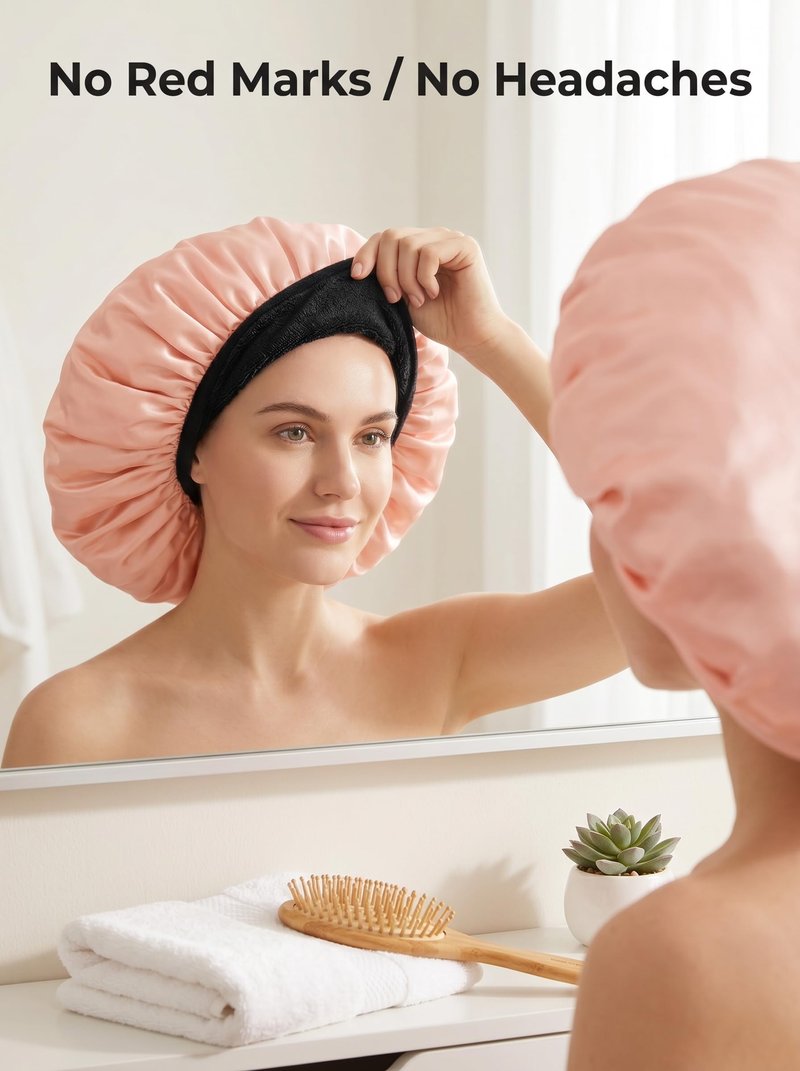 Aquior Shower Cap,Shower Cap for Women Reusable, Triple Layer Waterproof Bath Cap,Silky Satin Outer Layer Terry Lining, Extra Large for Women Long Hair(Champagne)