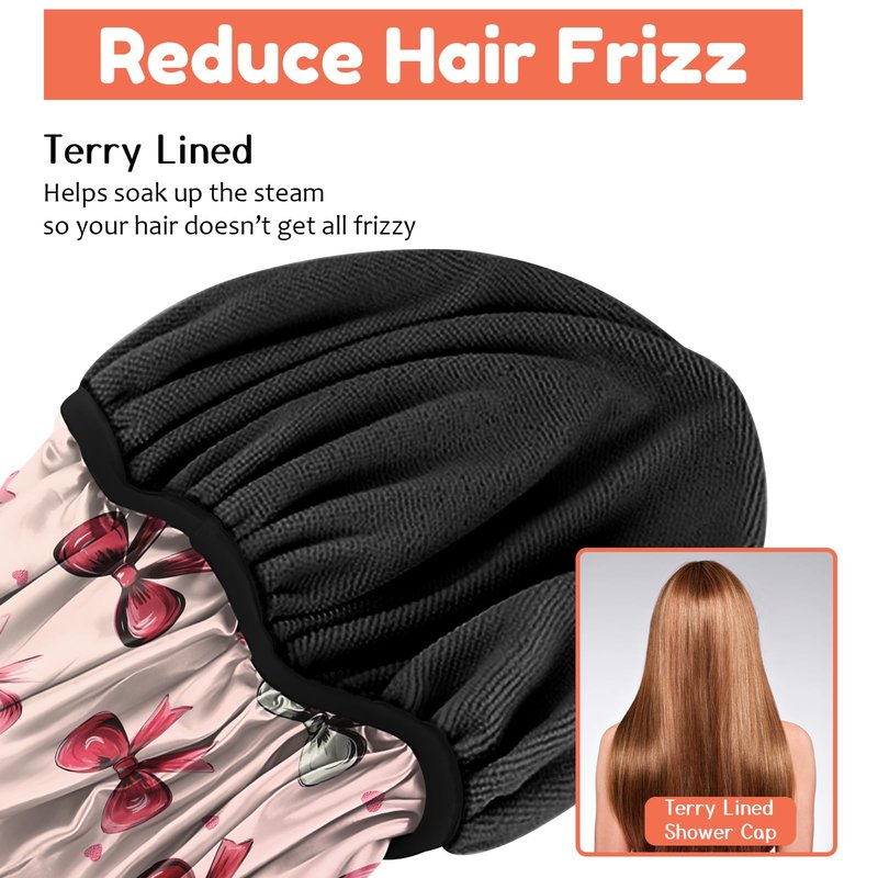 Cabreche Luxury Shower Cap Terry Lined Reusable Triple Layer Waterproof Hair Elastic Caps Shower Bath Hat for Women Girls Cute Aesthetic-Pink Bowknot