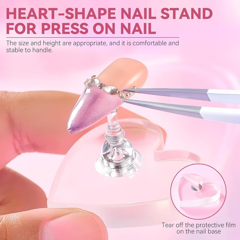 Nail Stand for Press On Nails Art Display Practice 2 Sets, 1 Heart Acrylic Magnetic Nail Stands, Fake Nail Holder Tips With 200 PCS Double-Sided Tape, Nail Kit Home DIY Supplies Accessories