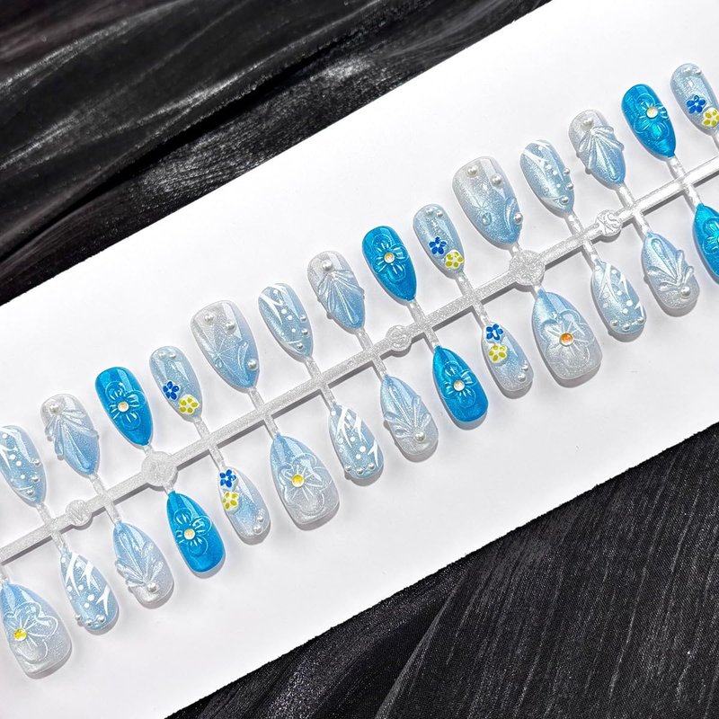 30Pcs Blue French Tip Press on Nails Short Almond Fake Nails 3D Flower with Pearl Glitter Full Cover Glue on Nails Summer Beach False Nails Artificial Reusable Cute Stick on Nail for Acrylic Manicure
