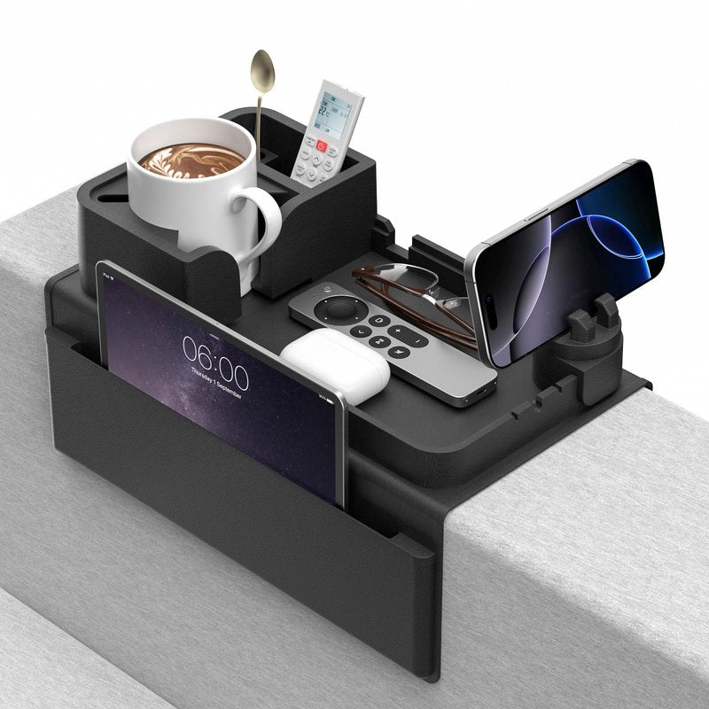 Couch Arm Cup Holder CLESOO Couch Arm Tray Anti-Slip Couch Cup Holder Silicone Sofa Armrest Tray Dual Side Pocket Couch Drink Holder Sofa Caddy Arm Remote Holder Snack Caddy with Phone Holder Black