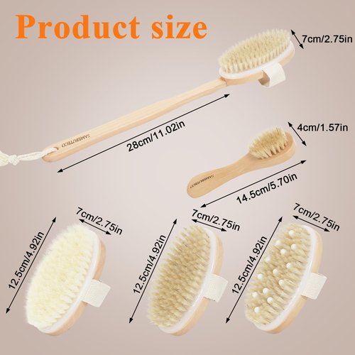 Natural Dry Brushing Set - 5 Packs with Wood Long Handle & 3 Detachable Heads for Lymphatic Drainage & Cellulite Exfoliation