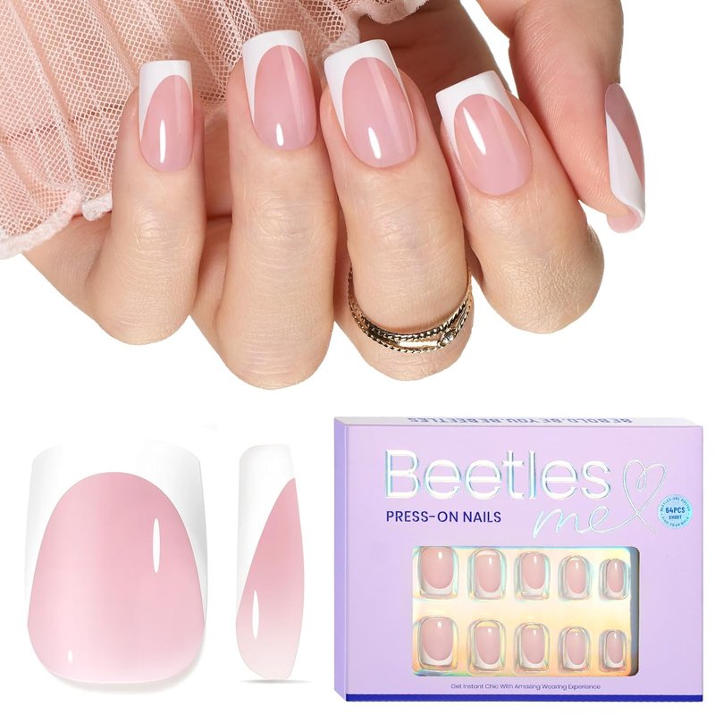 Beetles Short Squoval French Tip Press-On Nails - 64 Pcs Pink Gel Nail Art | 16 Sizes for DIY Manicure Gifts