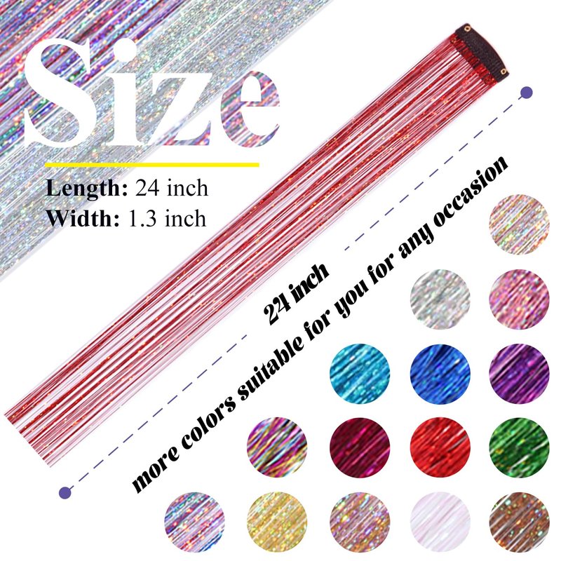 Hair Tinsel Clip in Red Fairy Hair Tinsel Kit, 12 Pcs 24 Inch Glitter Clip in Hair Extensions for Girls Women Kids Christmas New Year Festival Party (Red)