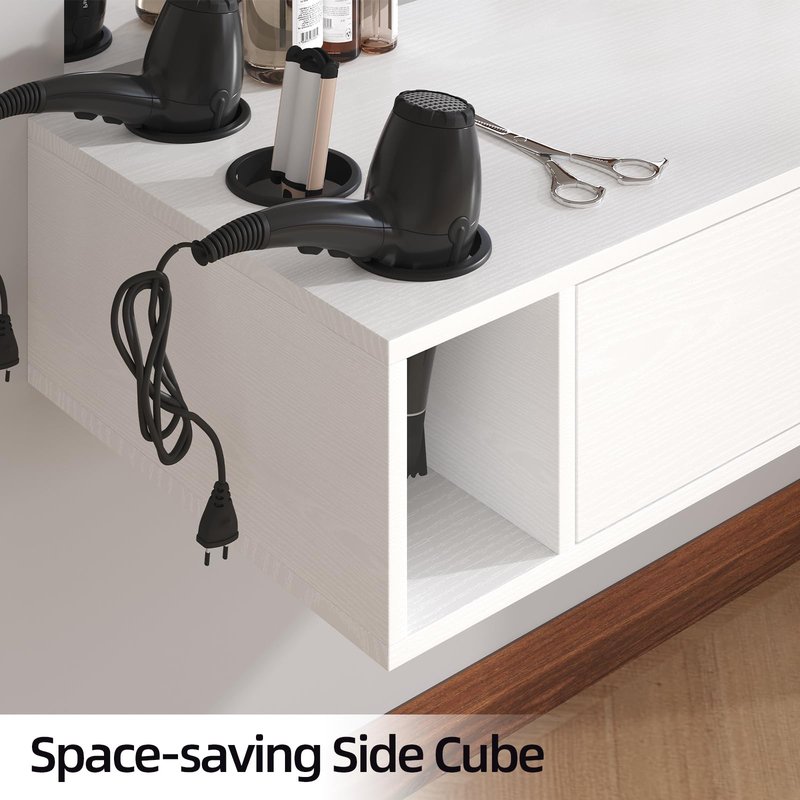 4ever2buy Wall Mount Salon Station, 36" White Barber Station Organizer with Drawer and Shelves, Hair Salon Station with 3 Dryer Holders, Salon Station Wall Mount for Hair Stylist
