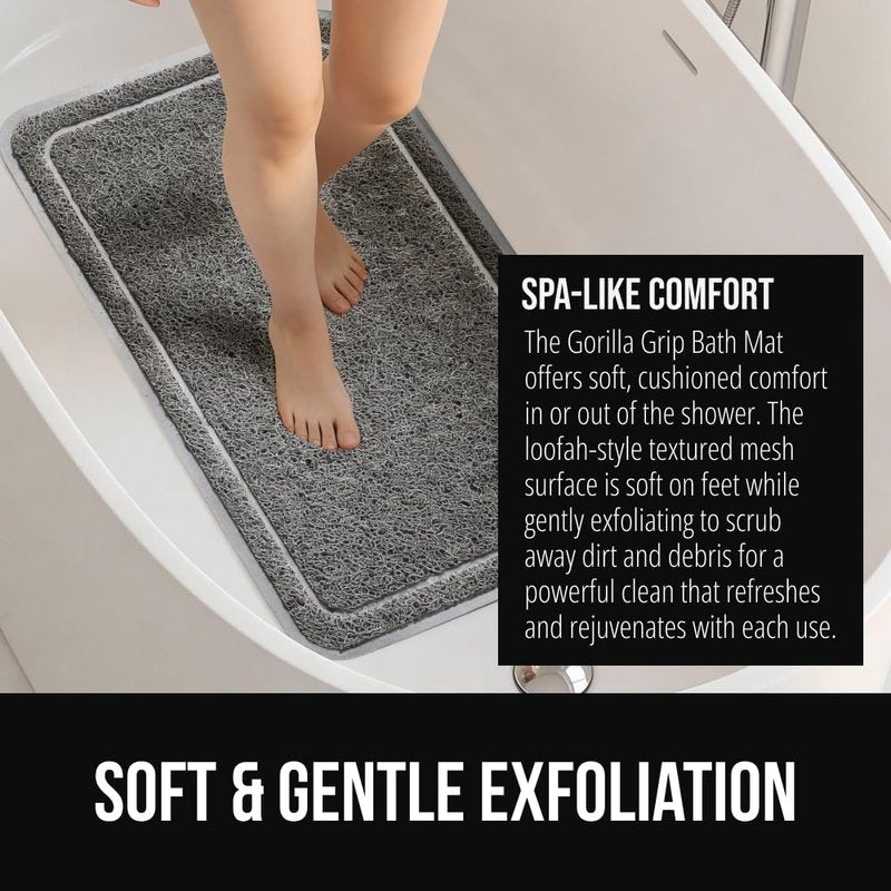 GORILLA GRIP Exfoliating Bath and Shower Mat, Textured Backing, 35x16 Soft Loofah-Style Foot Scrubber for Outside or Inside Bathtub, Quick Dry Easy Drainage Tub Floor Mats, Bathroom Essentials, Gray