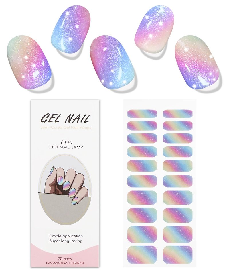 JMEOWIO Gel Nail Stickers Rainbow Glitter Semi Cured Gel Nail Strips Wraps UV/LED Nails Art Design Decoration Accessories