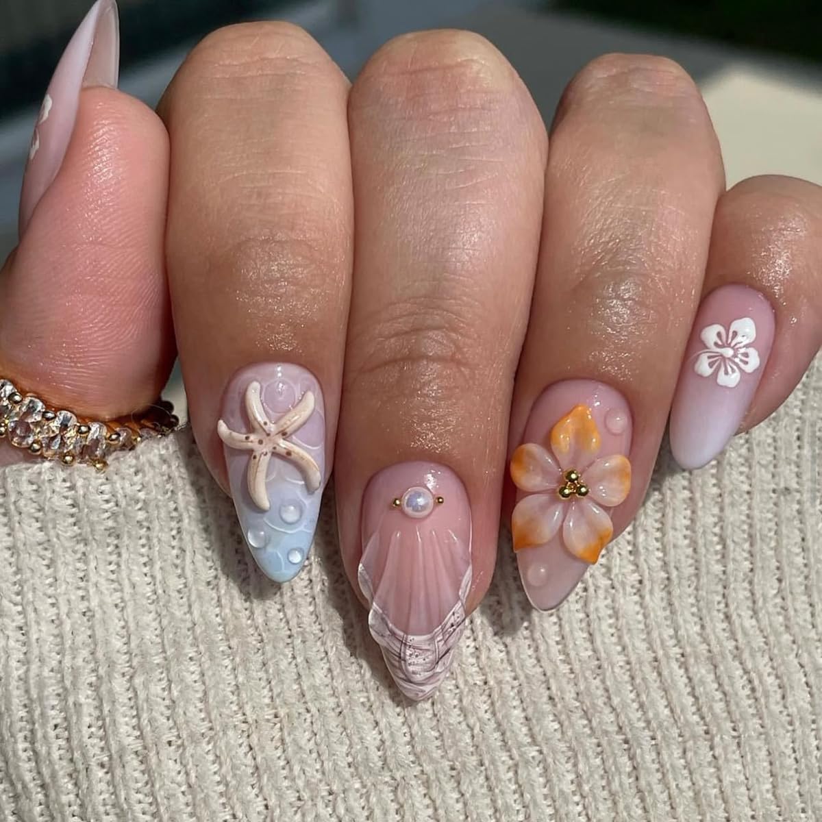 Skiennix Summer Press On Nails - Medium Almond French Tip with 3D Flower & Starfish | 24PCS Glossy Manicure Kit