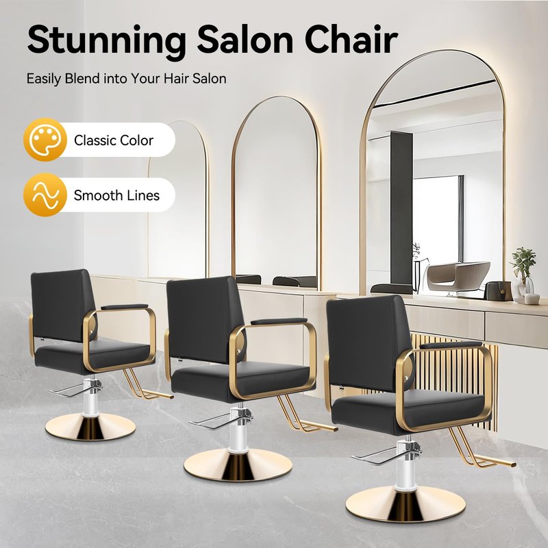 FUODIHEE Salon Chair, 360 Degree Swivel, Hydraulic Adjustable Hairdressing Chair, 440lbs Multi-Function Barber Chair w/Footrest &PU Cushion for Salon, Barber Shop and Beauty Salon (Gold+Black)