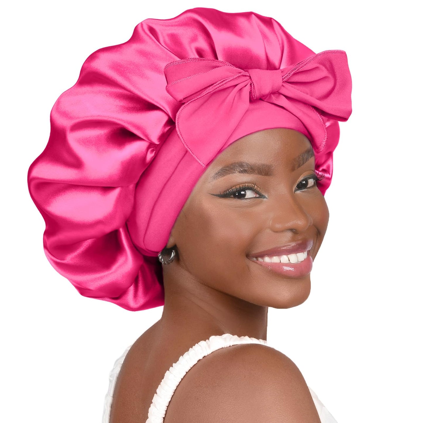 YANIBEST Adjustable Satin Bonnet for Sleeping Women Double Layer Hair Wrap Reduce Friction Prevent Frizz Natural Curly Hair, Hot Pink