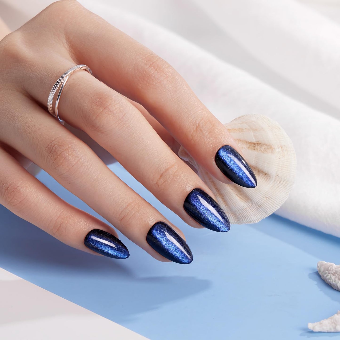 VSALON Press On Nails - Short Almond Blue Cat Eye Chrome Kit | 32 PCS Reusable Gel Nails with Glue & Cuticle Oil