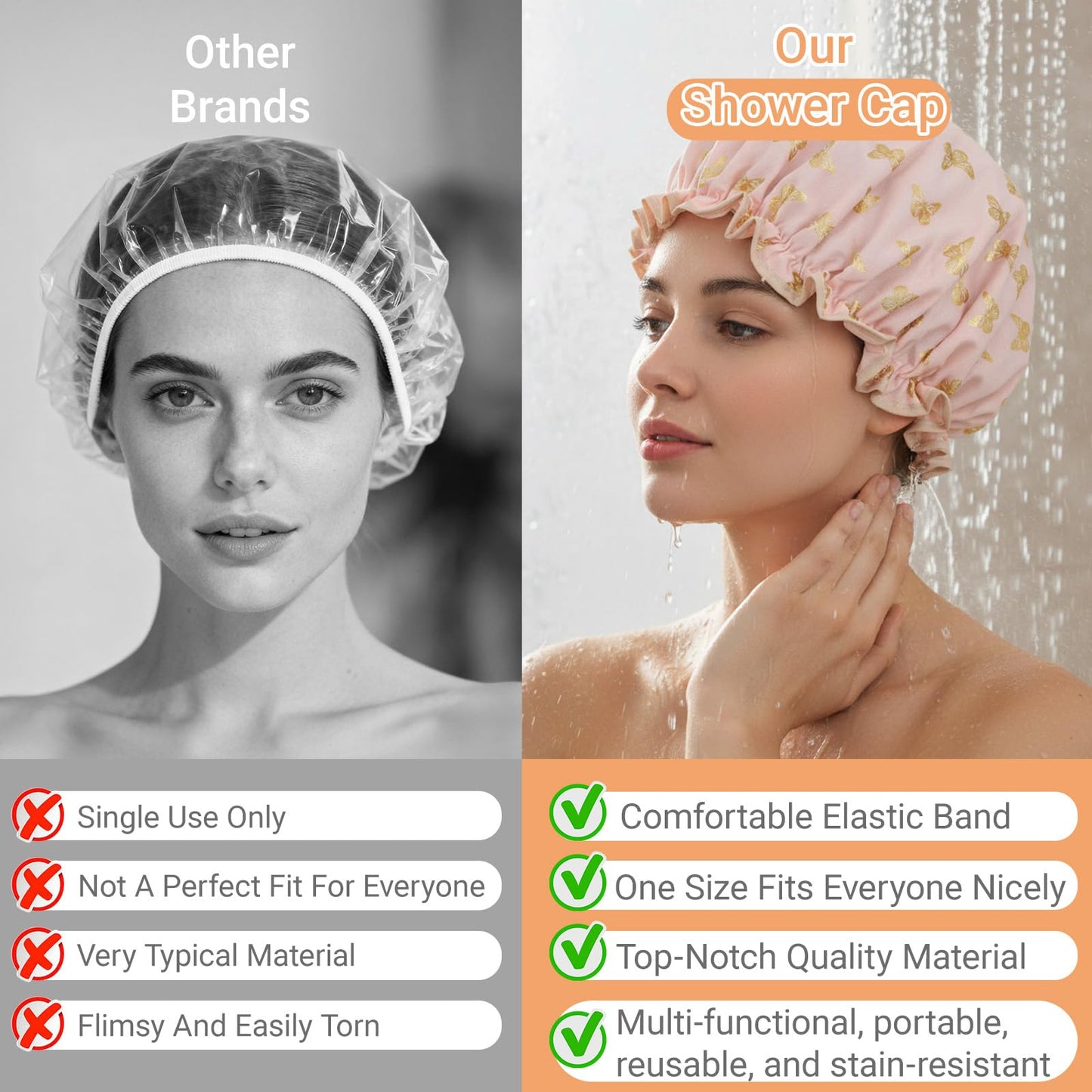 Yuanchu 4 Pcs Waterproof Shower Caps for Women, Elastic Band Bath Caps Reusable Shower Hat Double Layer Shampoo Cap for Washing Hair Bathing SPA Makeup Cooking