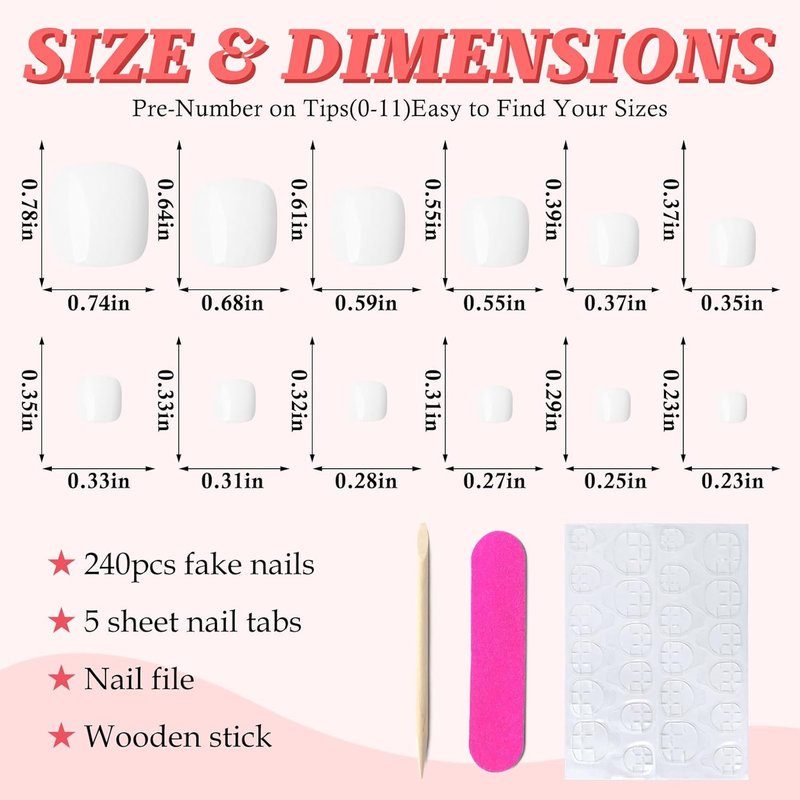 Press-On Toenails for Women - 168pc Short Square Acrylic Toe Nail Tips | White Fake Toenails with Glue Tabs