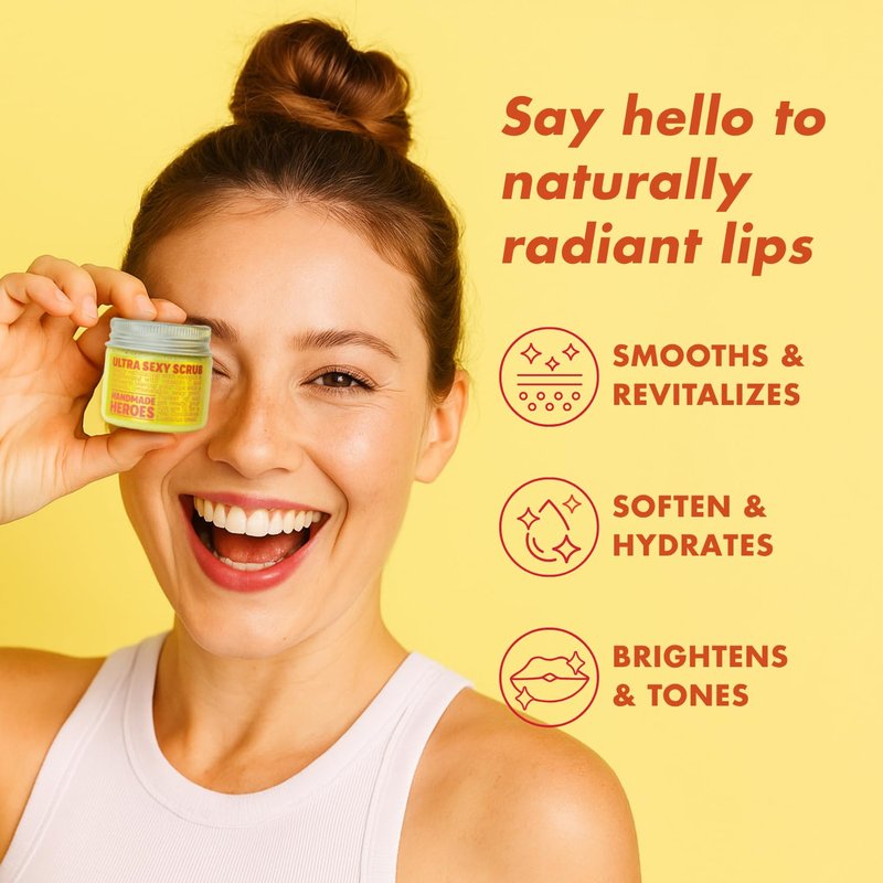 Handmade Heroes Turmeric Lip Scrub with Vitamin C – 100% Natural Vegan Exfoliant To Smooth Dark Dry Chapped & Smokers Lips – Deep Conditioning Sugar Polish Exfoliator Scrubber 1oz