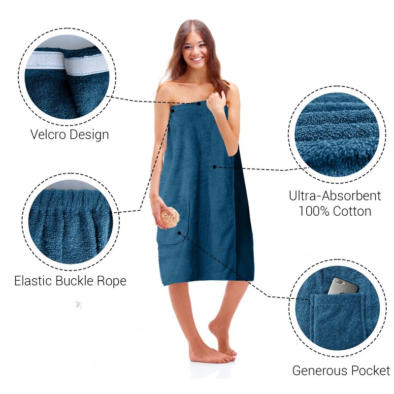 DAN RIVER Premium Cotton Terry Shower Wrap for Women, Ultra Soft Bath Robe After Shower with Pockets,Pack of 1 - Blue Opal