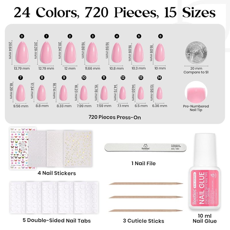 Beetles Press On Nails Kit - 720 Pcs in 24 Colors | Short Almond Glossy & Matte Finish with Glue & Stickers