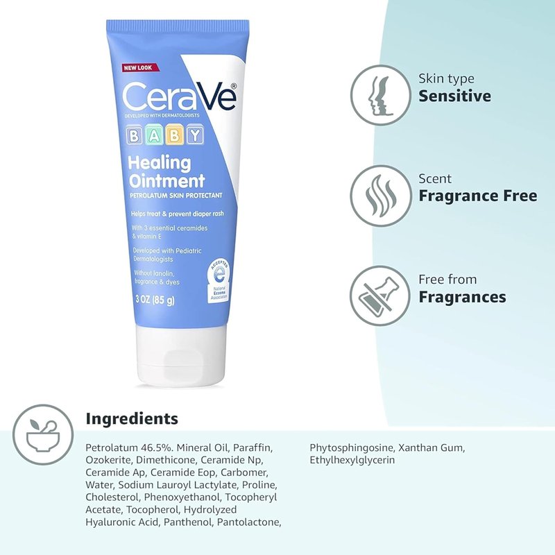 CeraVe Diaper Rash Cream - Healing Ointment for Extra Dry Skin | 3 Ounce, Fragrance-Free, with Ceramides & Vitamin E