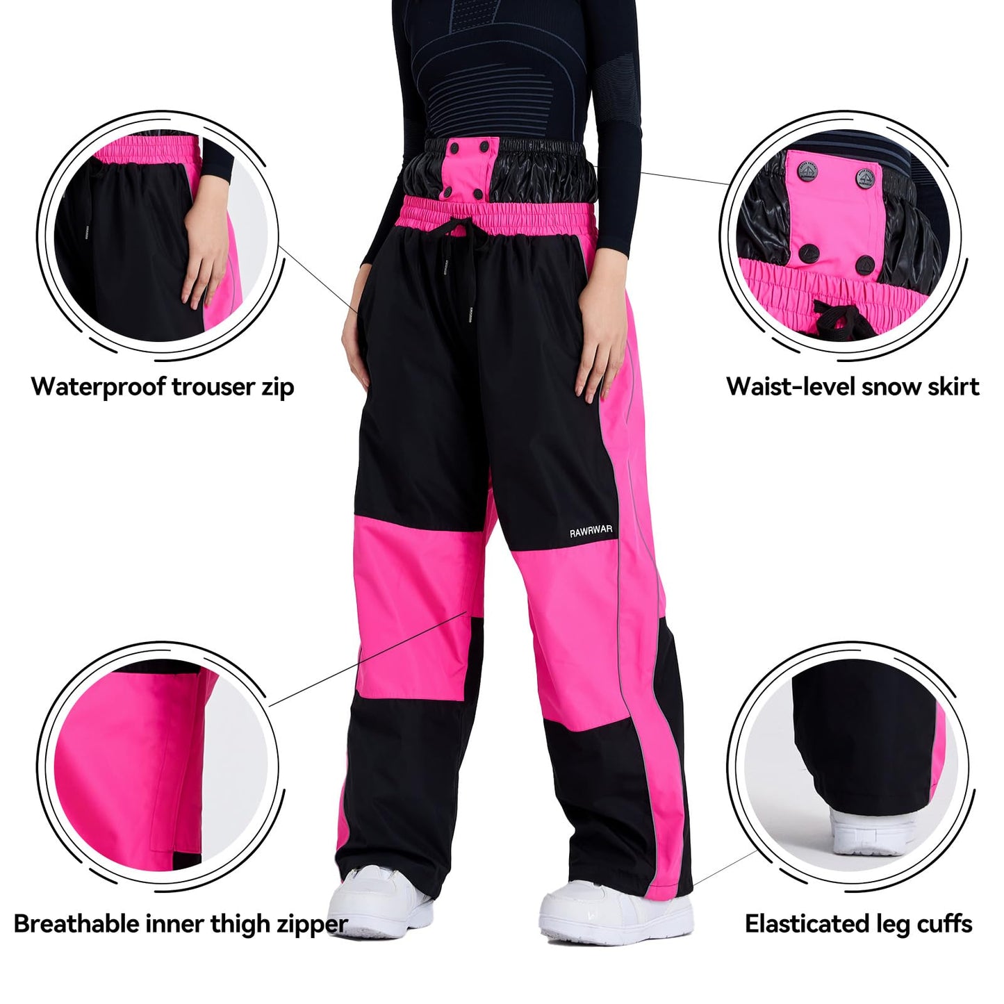 MUTUSNOW Womens Baggy Snowboard Pants, Insulated Waterproof Snow Pants Women, Snowproof Ankle Cuffs for Snowboarding/Hiking/Cross Country Ski Pants Rose