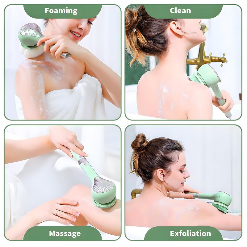 Electric Body Brush Back Scrubber for Shower, Waterproof Long Handle Power Body Scrubber with 6 Heads, Rechargeable Bath Brush & 3 Speeds, for Cleansing, Exfoliating and Massaging Skin (Green)