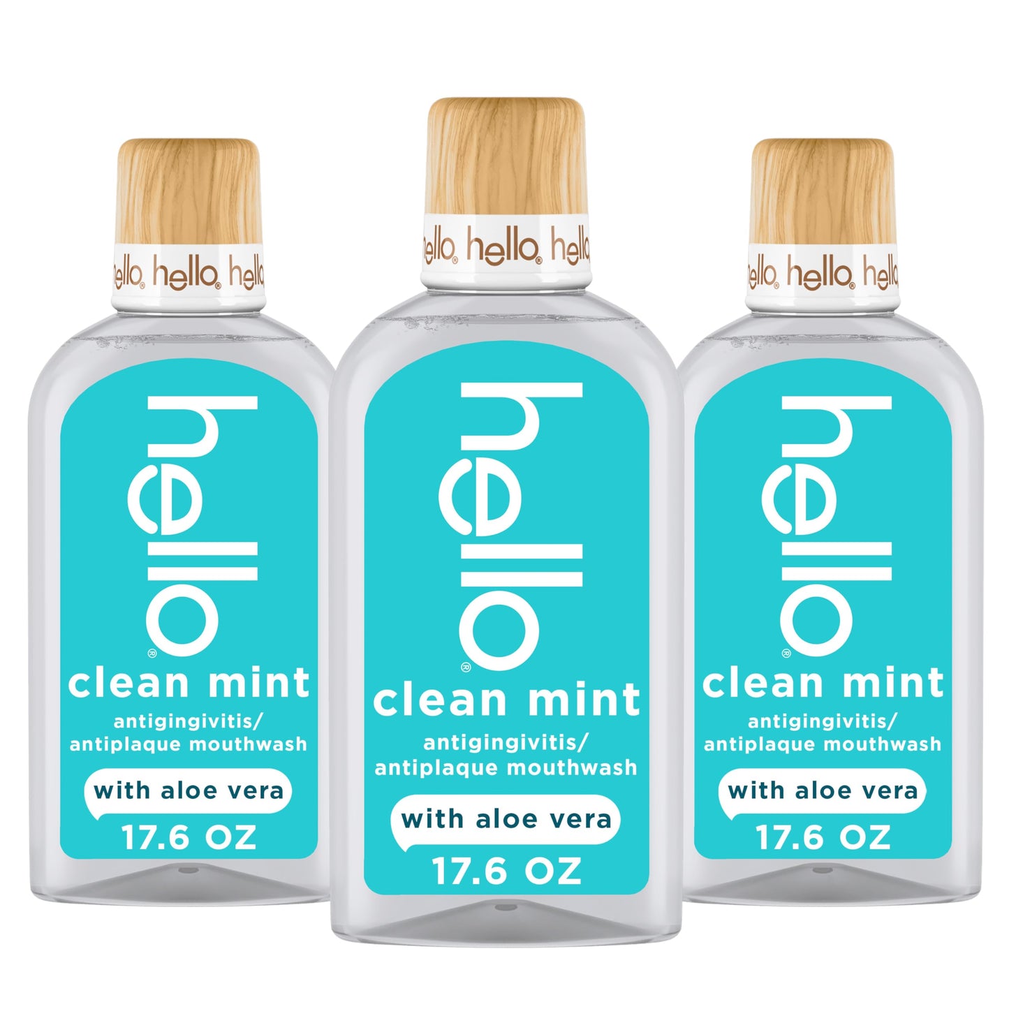 Hello Clean Mint Alcohol Free Mouthwash with Aloe Vera, 17.6 Fl Oz, Antigingivitis Gum Mouthwash with Farm Grown Mint, Fluoride Free, No Alcohol for Zero Burning, Vegan, Minty Oral Rinse, 3 Pack