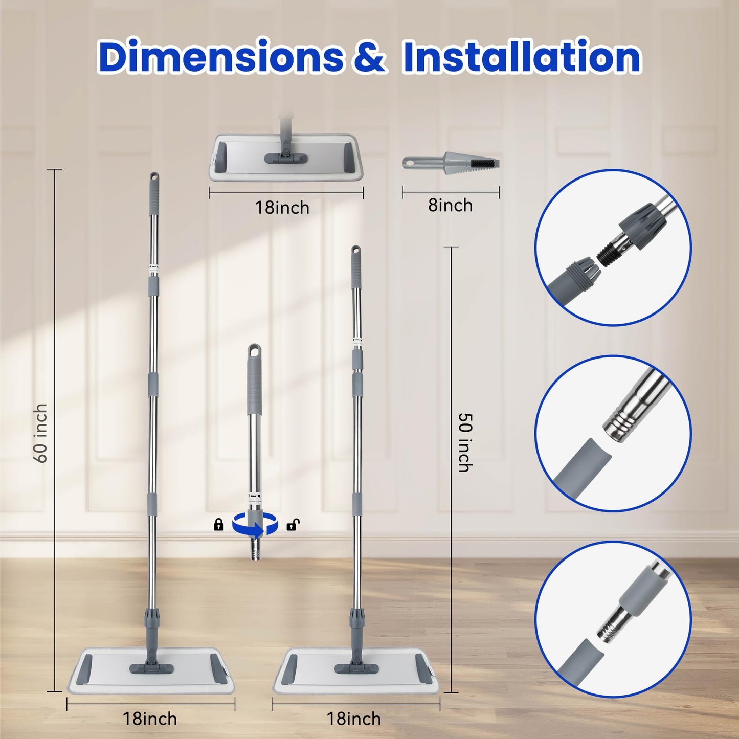 Large 60 inch Microfiber Flat Mop for Floor Cleaning - Wet & Dry with 4 Washable Pads, 360° Rotatable Head for Hardwood, Vinyl, Tile