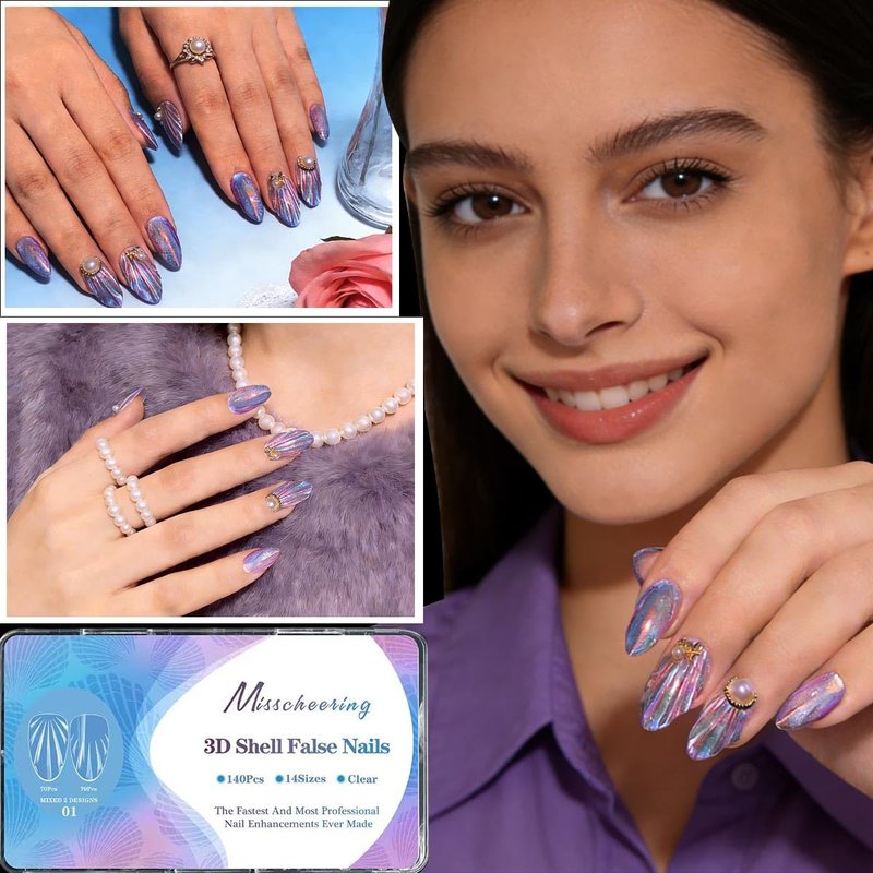 Shell Fake Nail Tips Almond Medium Soft Gel Nail Tips 14 Sizes Pre-Shaped Full Cover Clear Acrylic Press on False Nails Extension Tips for Woman DIY 140PCS