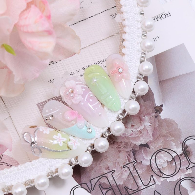 24Pcs Colorful Summer Press on Nails Medium Almond Fake Nails Peach Blossom with Bow Seashell Rhinestones Pearl Designs Pink Flower Full Cover Glue on Nail Cute False Nails for Women Acrylic Manicure