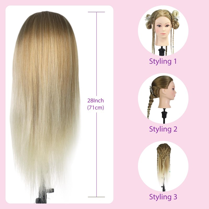 Mannequin Head with Hair with Tripod Stand - 28" Cosmetology Mannequin Head with Stand, Doll Head for Hair Styling Braiding Practice Manikin Head with Tripod Set, Ombre Golden