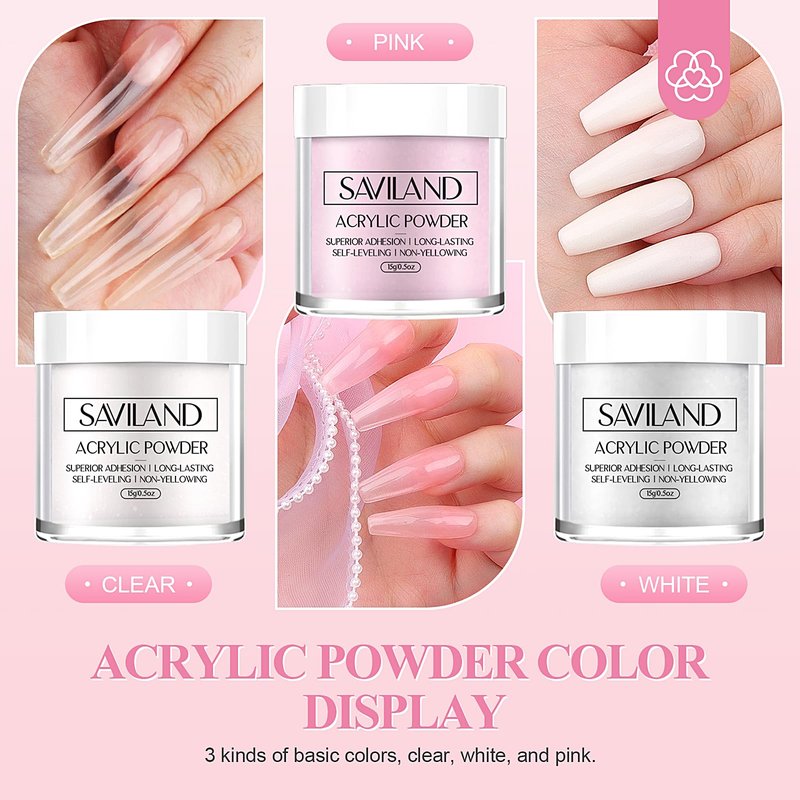 SAVILAND Acrylic Nail Kit Starter Set: Acrylic Nail Kit for Beginners with Everything White Pink Clear Acrylics Powder and Liquid Set #8/10/14 Nail Brush Forms Manicure Tools Home Nail Salon DIY