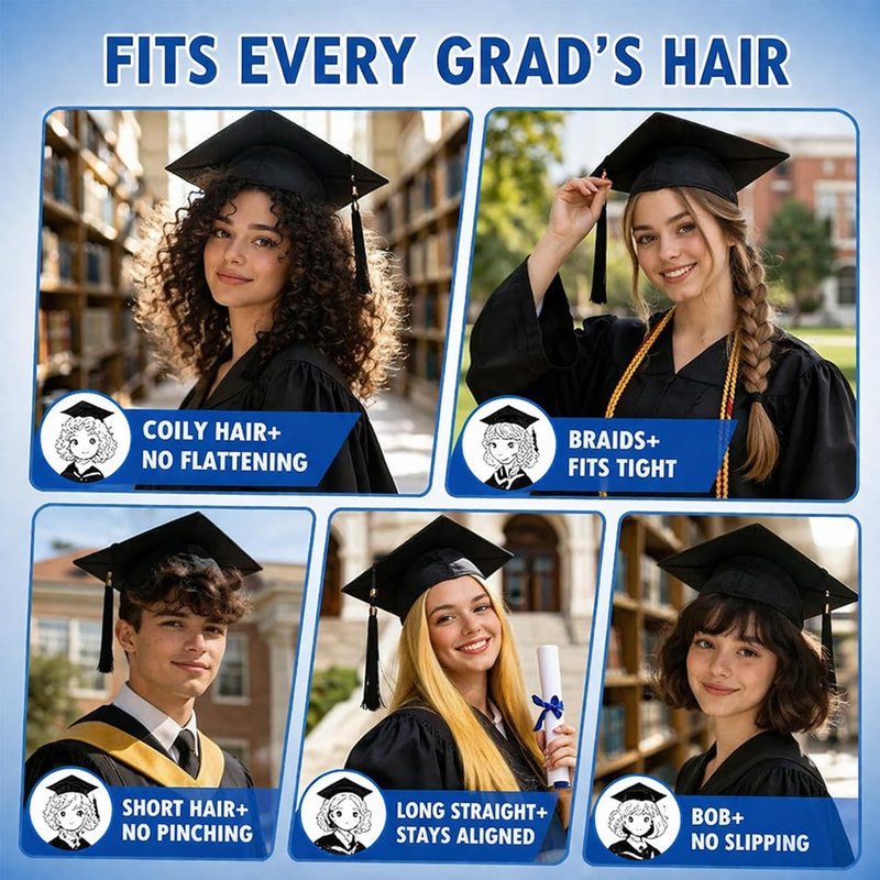 RIZOVA Graduation Cap Headband for Curly Hair, Anti-Fall Grad Cap Insert with Adhesive, Secure Fit Hair Band for Graduation Hats, Firm Non-Slip Headband Accessories for Graduates, Students, Girls
