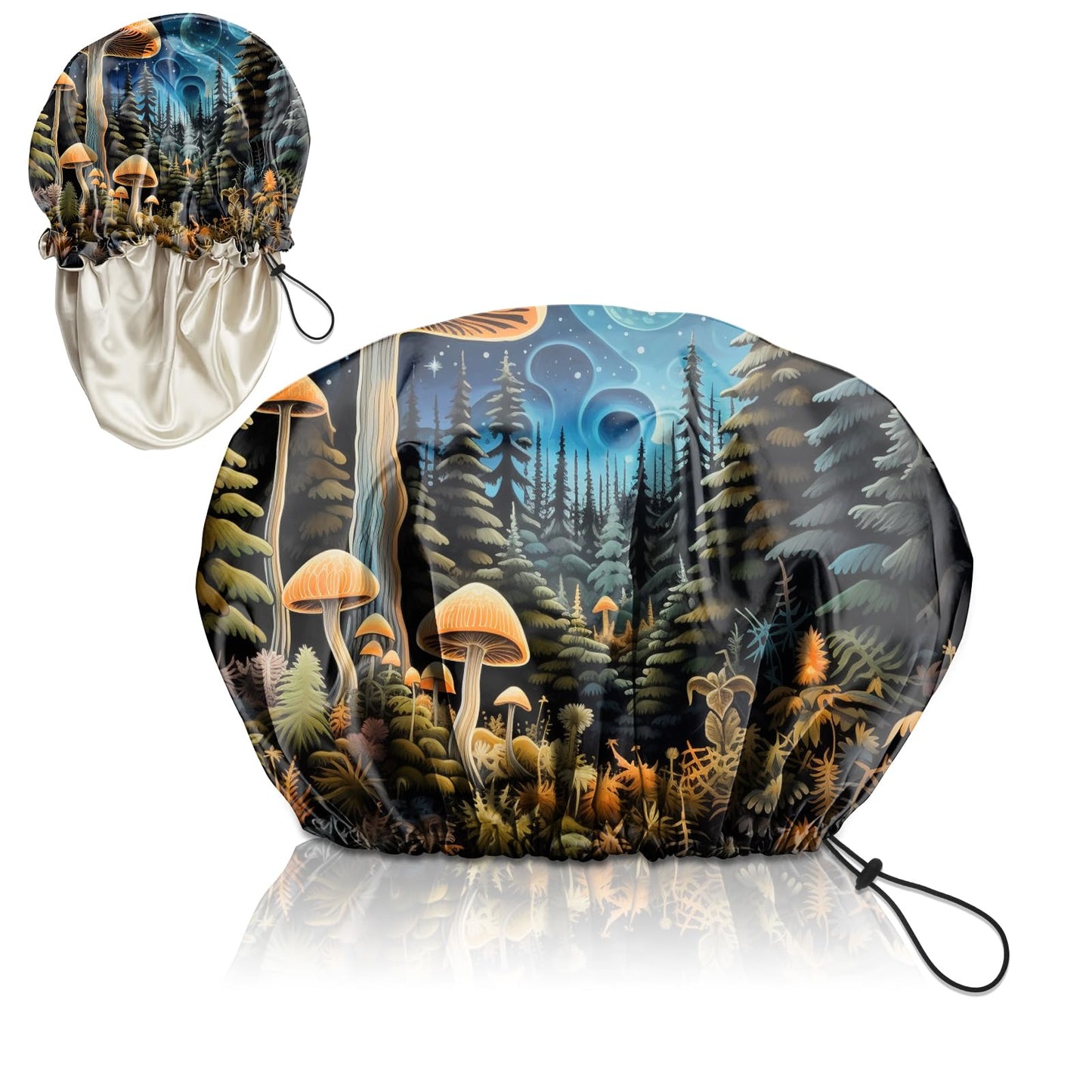 Zewurtuw Luxury Shower Cap Adjustable Reusable Double Waterproof Layer Elastic Satin Lined Hair Bath Cap Cute Aesthetic Women Girls-Blue Mushroom