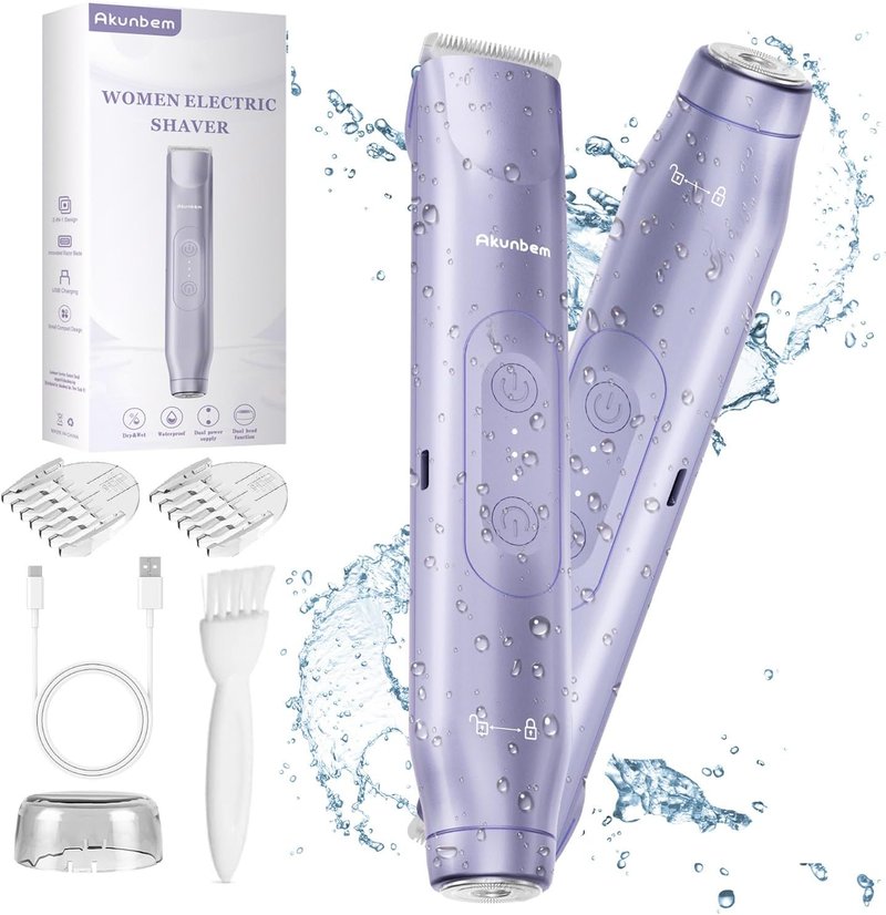 Akunbem Bikini Trimmer for Women - 2-in-1 Electric Razor with Dual Heads - IPX7 Waterproof for Wet & Dry Use