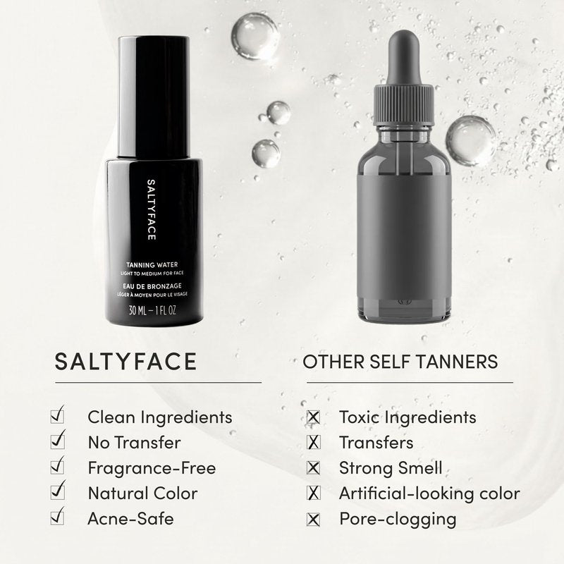 SALTYFACE - Tanning Water (Light to Medium) - Self Tanner for Face, Neck, Ears, Chest - No Color Transfer - Oil Free, Fragrance Free - Streak-Free, Non-Clogging - Vegan Skin Care - 1 FL OZ (30 ML)